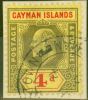 Old Postage Stamp from Cayman Islands 1908 4d Black & Red-Yellow SG29 Superb Used on Small Piece