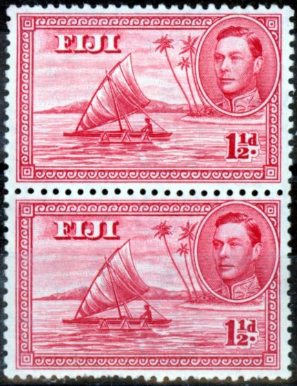 Valuable Postage Stamp from Fiji 1949 1 1/2d Dp Carmine SG252c P.12 V.F MNH Pair