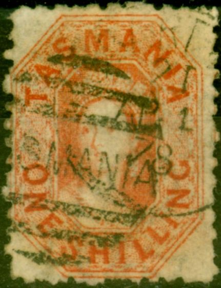 Rare Postage Stamp from Tasmania 1869 1s Vermilion SG77 Fine Used