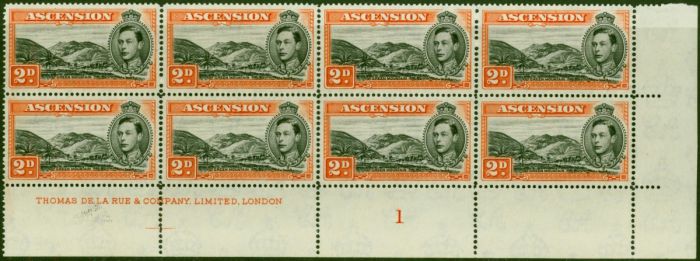 Ascension 1949 2d Black & Red-Orange SG41b P.14 V.F MNH Imprint Corner Block of 8  King George VI (1936-1952) Rare Stamps