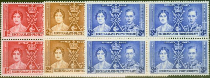 Old Postage Stamp from Bechuanaland 1937 Coronation set of 3 SG115-117 V.F MNH & LMM Blocks of 4