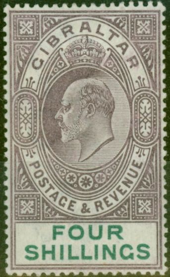 Rare Postage Stamp from Gibraltar 1903 4s Dull Purple & Green SG53 Fine Mtd Mint (6)
