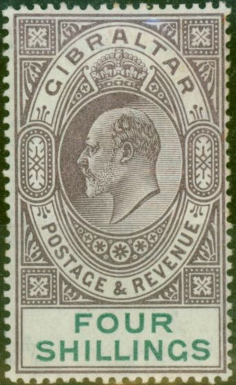 Rare Postage Stamp from Gibraltar 1903 4s Dull Purple & Green SG53 Fine Mtd Mint (7)