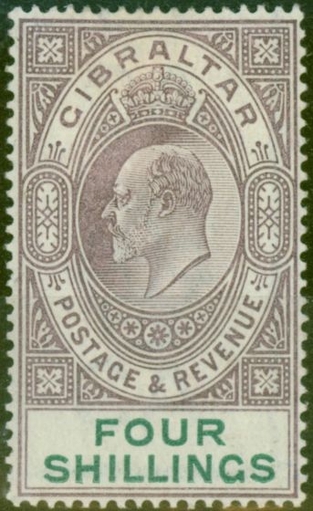 Rare Postage Stamp from Gibraltar 1903 4s Dull Purple & Green SG53 Fine Mtd Mint (8)