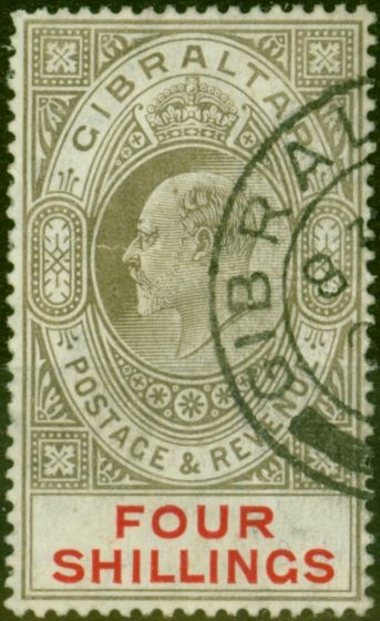 Valuable Postage Stamp from Gibraltar 1910 4s Black & Carmine SG73 V.F.U
