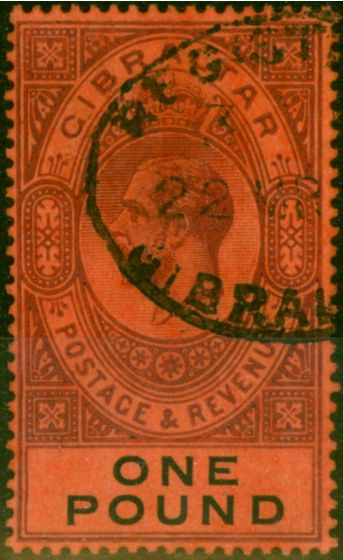 Valuable Postage Stamp Gibraltar 1912 £1 Dull Purple & Black-Red SG85 Fine Used