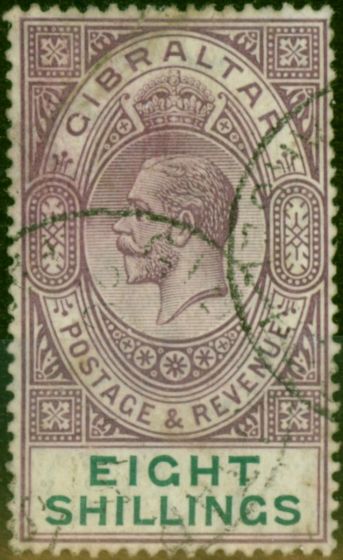 Old Postage Stamp Gibraltar 1912 8s Dull Purple & Green SG84 Fine Used (2)