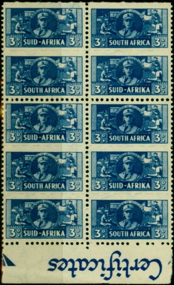 Rare Postage Stamp South Africa 1942 3d Blue SG101 Fine MNH Block of 8