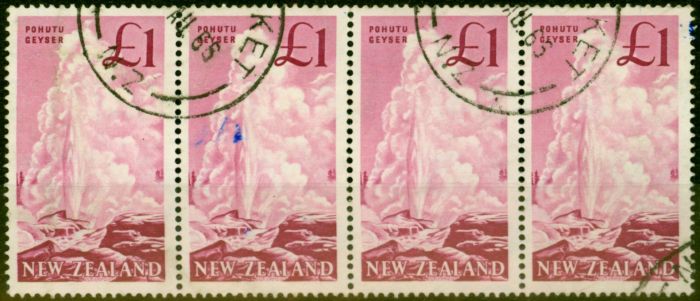Old Postage Stamp from New Zealand 1960 £1 Deep Magenta SG802 Fine Used Strip of 4 (2)
