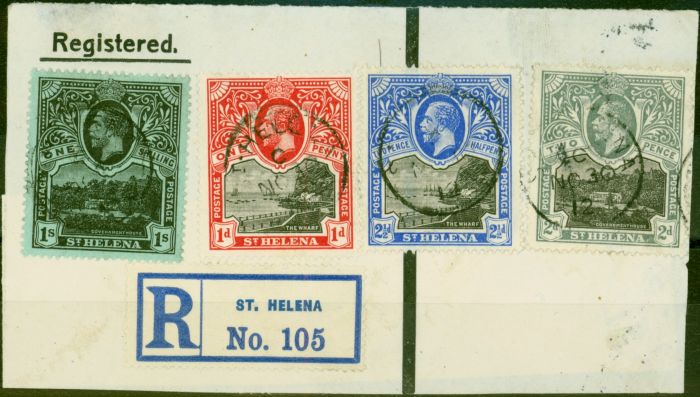 Collectible Postage Stamp from St Helena 1912 SG73,75,76 & 79 on Part Reg Cover/Large Piece to Germany