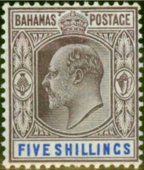 Valuable Postage Stamp from Bahamas 1902 5s Dull Purple & Blue SG69 V.F & Fresh Lightly Mtd Mint