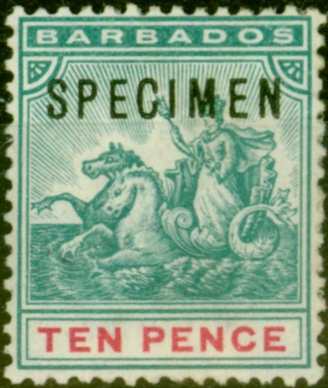 Rare Postage Stamp from Barbados 1892 10d Dull Blue Green & Carmine Specimen SG113s Fine Unused