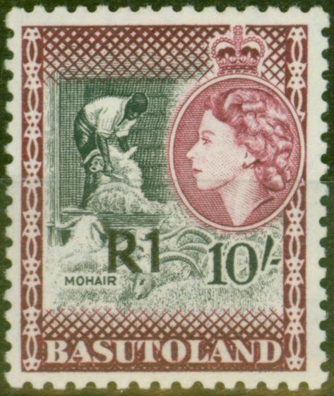Rare Postage Stamp from Basutoland 1961 1R on 10s Black & Maroon SG68b Type III V.F MNH