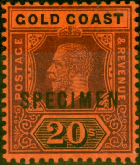 Rare Postage Stamp from Gold Coast 1913 20s Purple & Black-Red Specimen SG84s V.F Lightly Mtd Mint