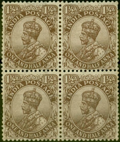 Rare Postage Stamp from India 1919 1 1/2a Chocolate SG163 Good MNH Block of 4
