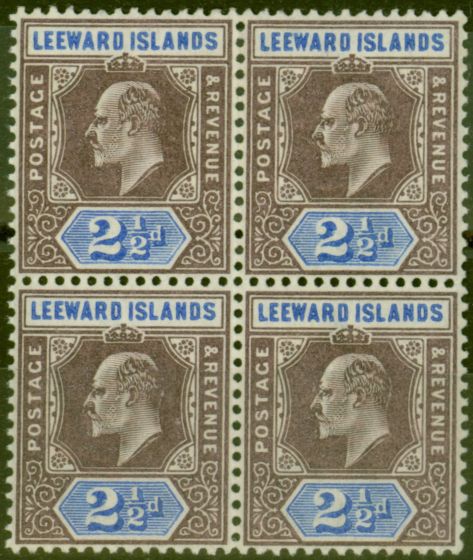 Old Postage Stamp from Leeward Islands 1902 2 1/2d Dull Purple & Ultramarine SG23 V.F MNH Block of 4