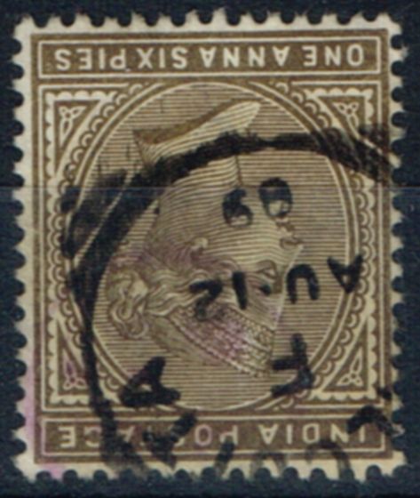Old Postage Stamp from India 1882 1a6p Sepia SG90w Wmk Inverted V.F.U Scarce