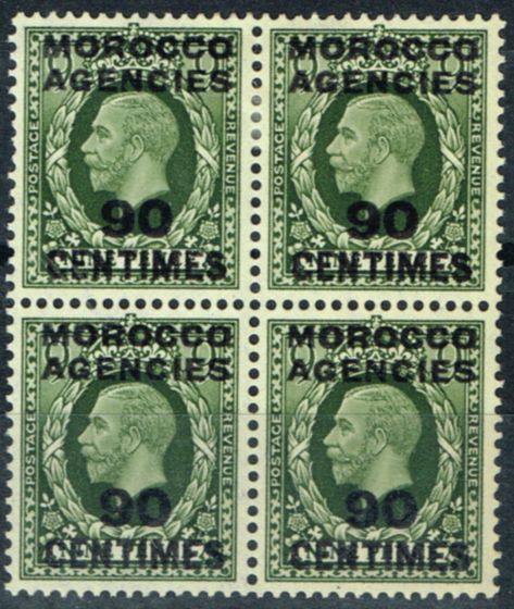Rare Postage Stamp from Morocco Agencies 1934 90c on 9d Olive-Green SG209 Fine & Fresh MNH & LMM Block of 4