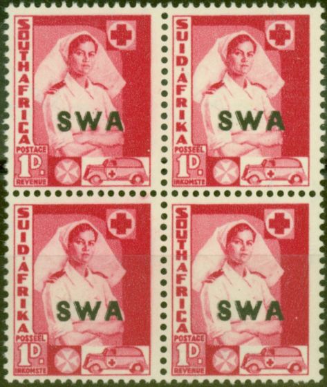 Old Postage Stamp from S.W.A 1941 1d Carmine SG115a Stain on Uniform in a V.F MNH Block of 4