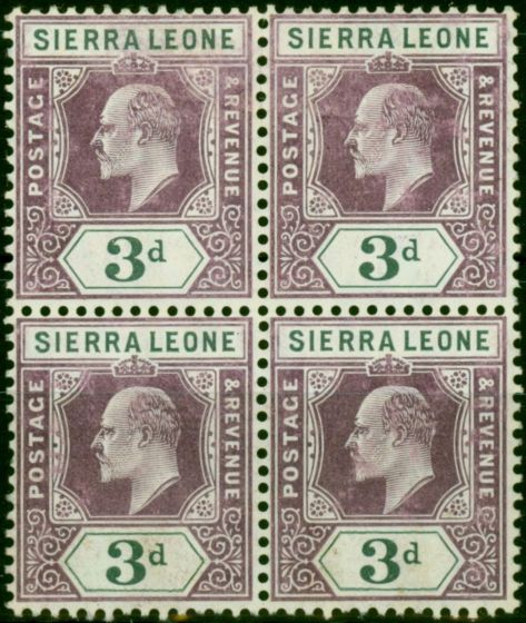 Rare Postage Stamp Sierra Leone 1905 3d Dull Purple & Grey SG91 V.F VLMM & MNH Block of 4