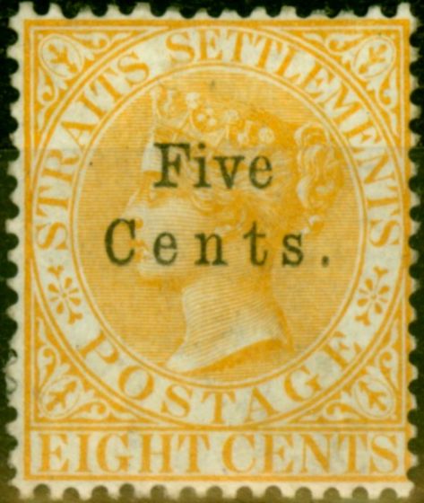 Rare Postage Stamp from Straits Settlements 1879 5c on 8c Orange SG20 Good Mtd Mint
