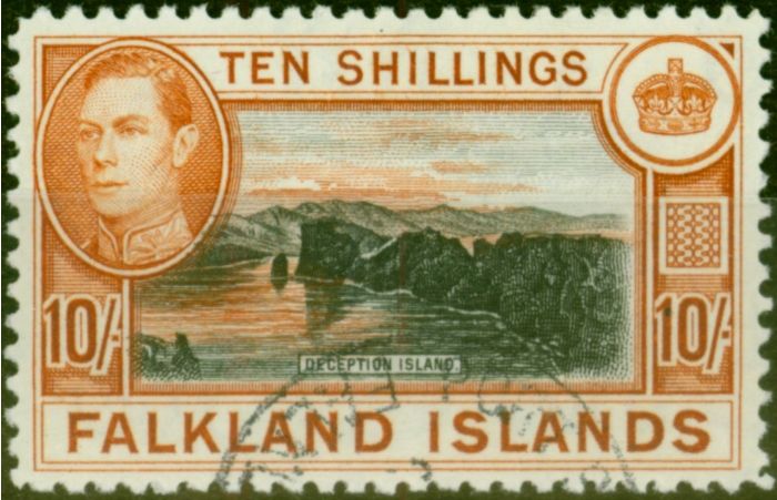 Rare Postage Stamp from Falkland Islands 1938 10s Black & Orange-Brown SG162 V.F.U