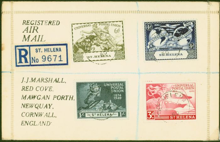 St Helena 1949 UPU set of 4 on Registered Cover to Cornwall Fine & Attractive  King George VI (1936-1952) Collectible Universal Postal Union Stamp Sets