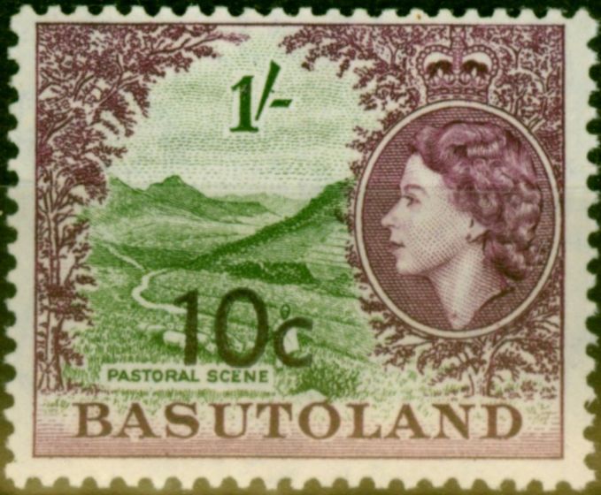 Rare Postage Stamp from Basutoland 1961 10c on 1s Bronze-Green & Purple SG64a Type II Fine MNH