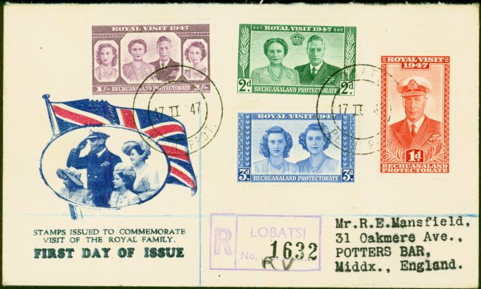 Rare Postage Stamp Bechuanaland 1947 Royal Visit Set of 4 SG132-135 on 1st Day Cover to Potters Bar