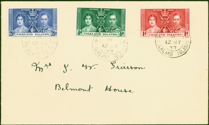 Falkland Is 1937 Coronation Set on 1st Day Cover 'Port Stanley B 12 MY 37' CDS Fine & Attractive . King George VI (1936-1952) Used Stamps