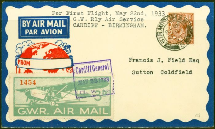 Collectible Postage Stamp from GB 1933 Great Western Railways 1st Flight Cover to Sutton Coldfield Very Fine & Attractive
