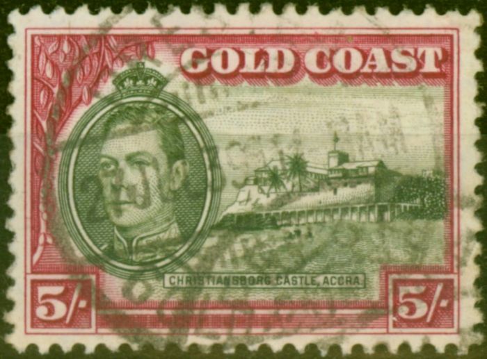 Valuable Postage Stamp from Gold Coast 1938 5s Olive-Green & Carmine SG131 P.12 Good Used