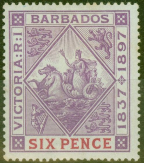 Valuable Postage Stamp from Barbados 1897 6d Mauve & Carmine SG121 Fine Mtd Mint Stamp