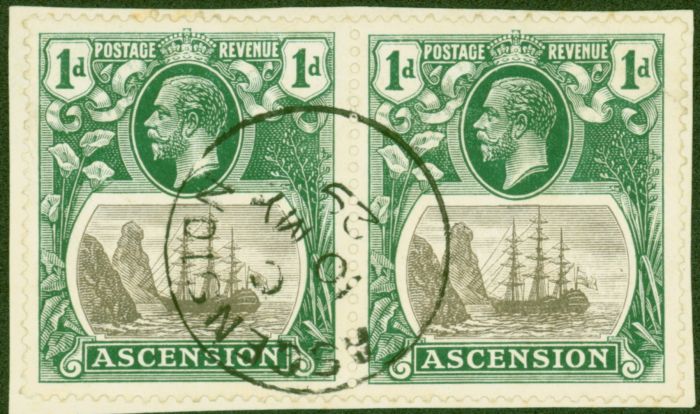 Ascension 1924 1d Grey-Black & Deep Blue-Green SG11b 'Torn Flag' V.F.U in Pair with Normal