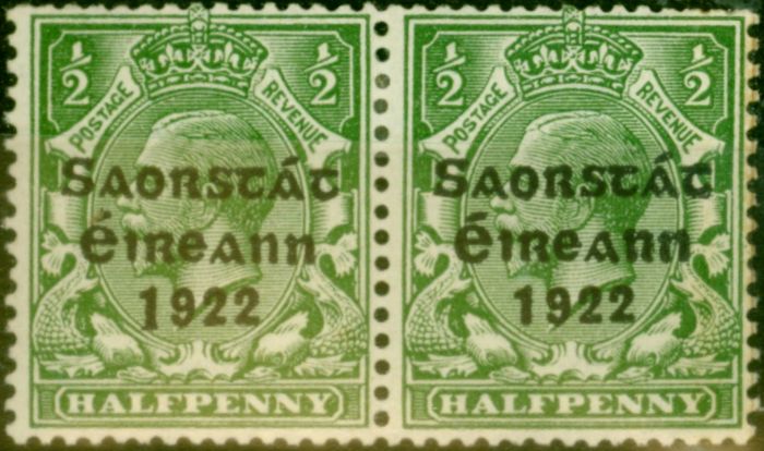 Old Postage Stamp from Ireland 1923 1/2d Green SG67a Coil Long 1 in Pair with Normal Fine MM Stamp