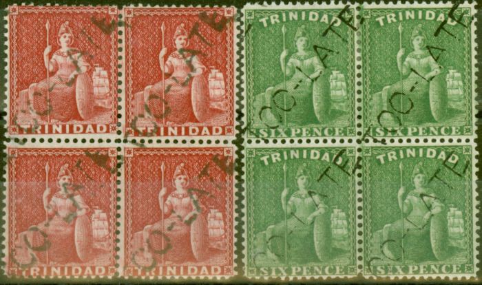 Collectible Postage Stamp from Trinidad 1876 Lake SG75 & 6d Brt Yellow-Green SG77 in V.F.U  C.T.O TOO LATE Blocks of 4