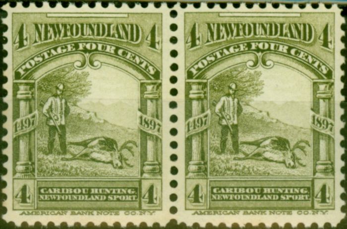 Valuable Postage Stamp Newfoundland 1897 4c Olive-Green SG69 Fine MNH Pair
