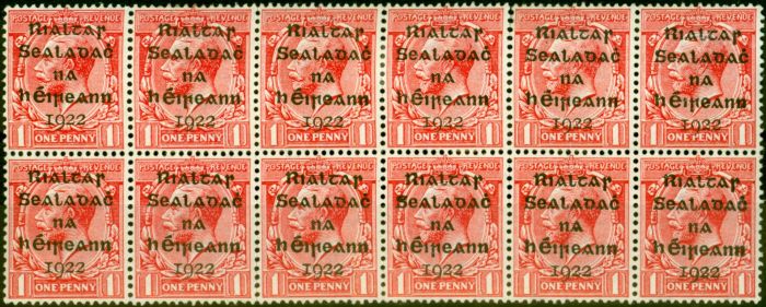 Rare Postage Stamp from Ireland 1922 1d Scarlet SG2 Fine Mtd Mint & MNH Block of 12