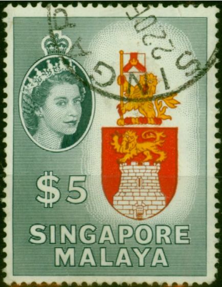 Rare Postage Stamp Singapore 1955 $5 Arms of Singapore SG52 Fine Used
