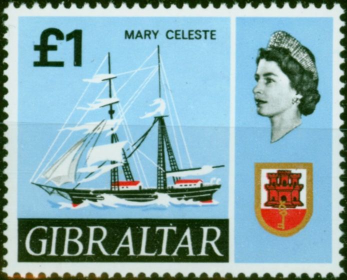 Rare Postage Stamp Gibraltar 1967 £1 Mary Celeste SG213 Very Fine MNH
