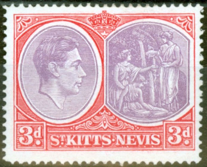 Rare Postage Stamp from St Kitts & Nevis 1943 3d Dull Reddish Purple & Carmine-Red SG73b P.14 Chalk Fine Lightly Mtd Mint