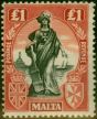 Old Postage Stamp from Malta 1922 £1 Black & Carmine-Red SG139 Fine Very Lightly Mounted Mint
