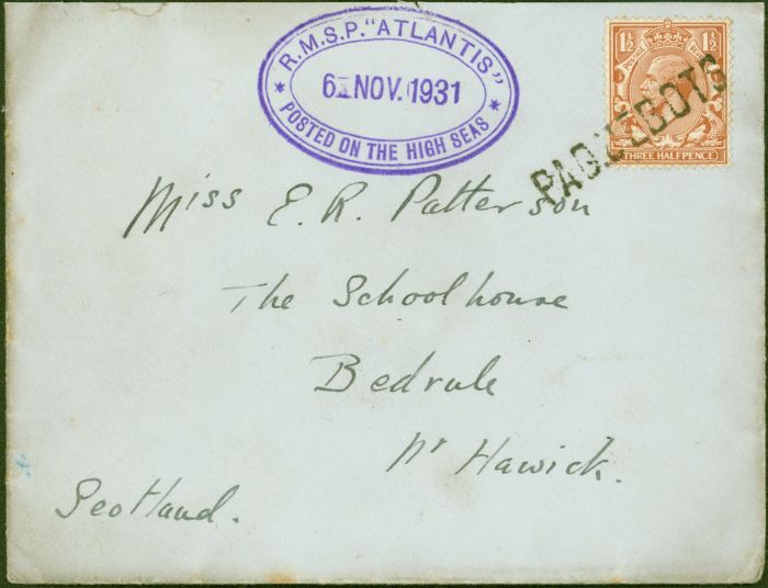 Collectible Postage Stamp from GB 1931 Cover to Scotland PAQUEBOT POSTED ON THE HIGH SEAS Violet Cachet R.M.S.P ATLANTIS
