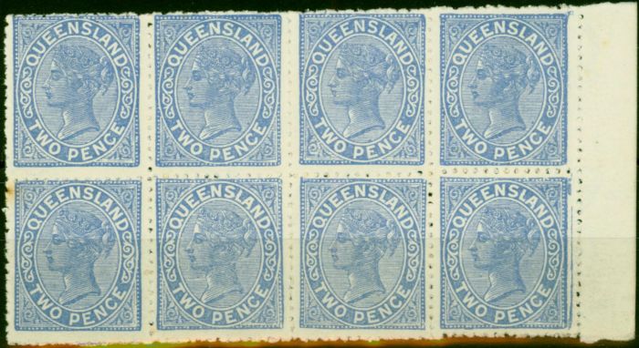 Rare Postage Stamp Queensland 1895 2d Blue SG204 Fine MNH Block of 8
