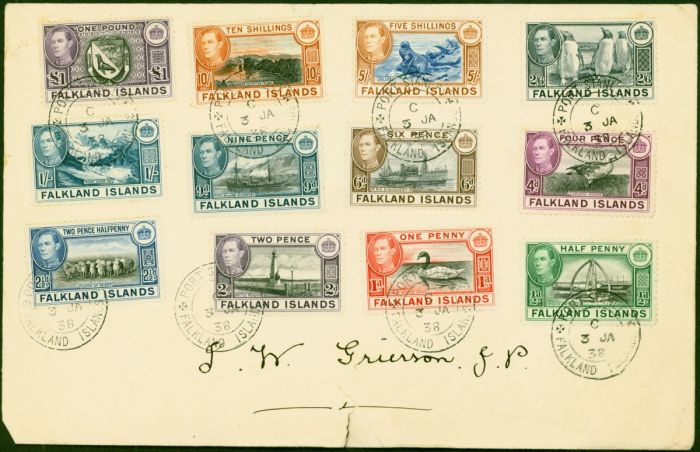 Falkland Is 1938 Set of 12 SG146-163 on 1st Day Cover 'Port Stanley C 3 JA 38' CDS Attractive . King George VI (1936-1952) Used Stamps