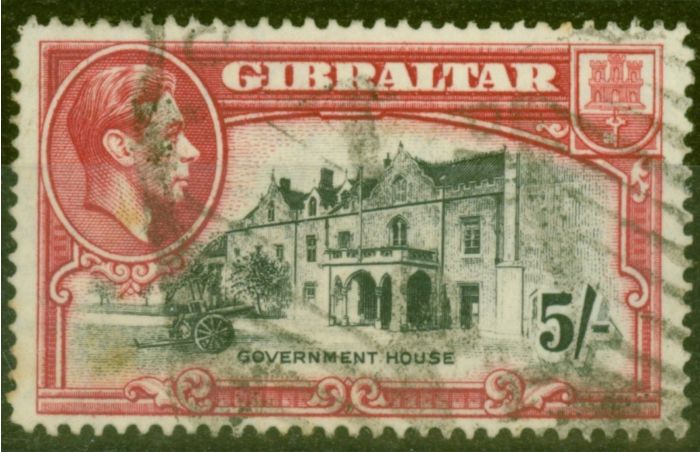 Old Postage Stamp from Gibraltar 1938 5s Black & Carmine SG129 P.14 Ave Used