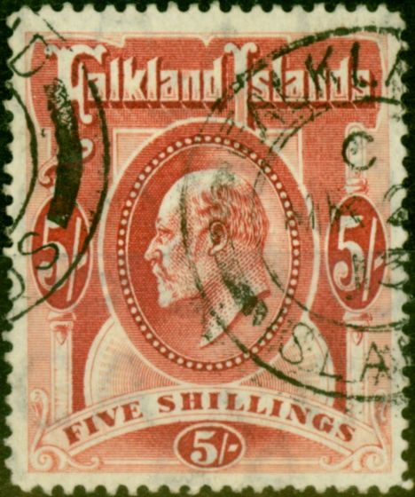 Old Postage Stamp from Falkland Islands 1904 5s Red SG50 Fine Used