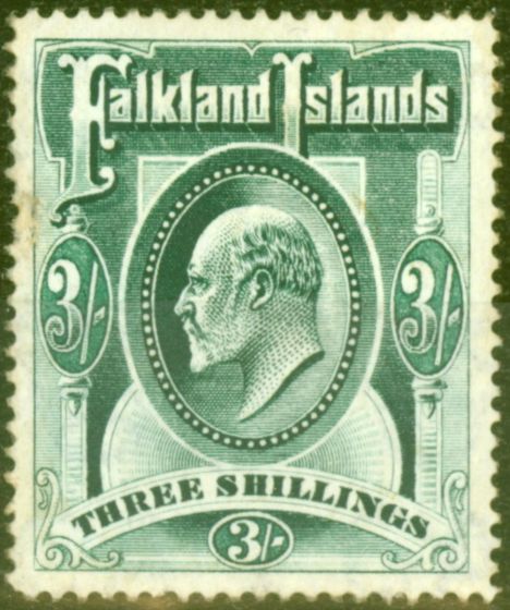 Old Postage Stamp from Falkland Islands 1907 3s Dp Green SG49b Ave Mtd Mint