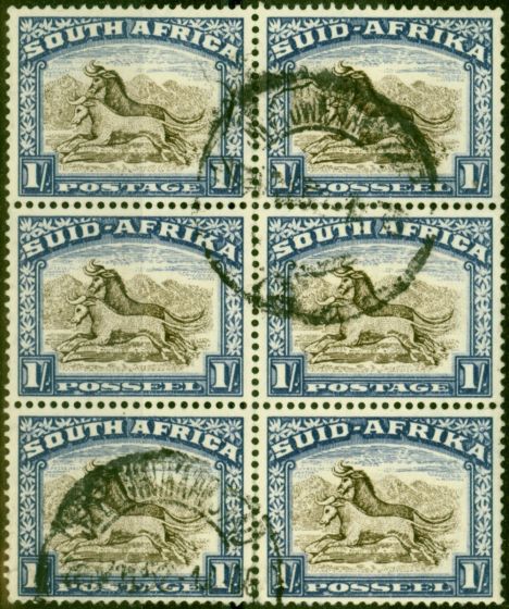 Old Postage Stamp from South Africa 1950 1s Brown & Chalky Blue SG120 Fine Used Block of 6
