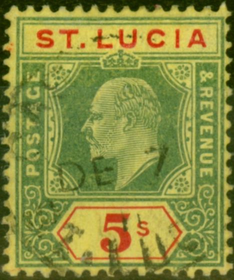 Valuable Postage Stamp St Lucia 1907 5s Green & Red-Yellow SG77 Fine Used